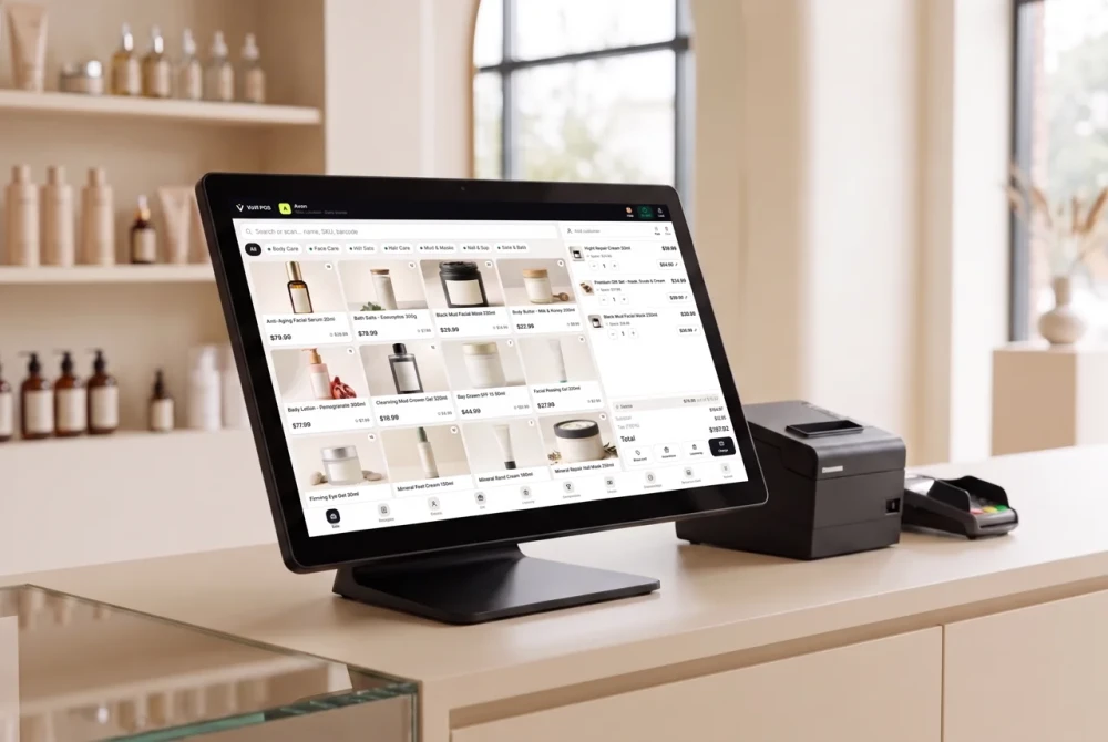 VoVi point-of-sale terminal with a customer display and receipt printer
